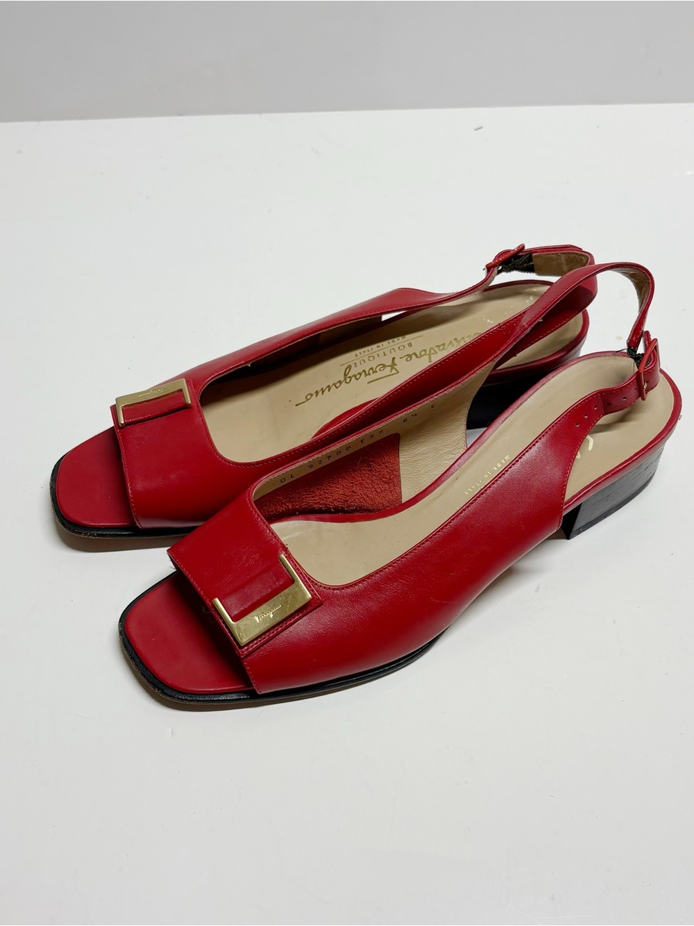 Salvatore Ferragamo Red Leather Slingback Peep-Toe Flats with Gold Buckle